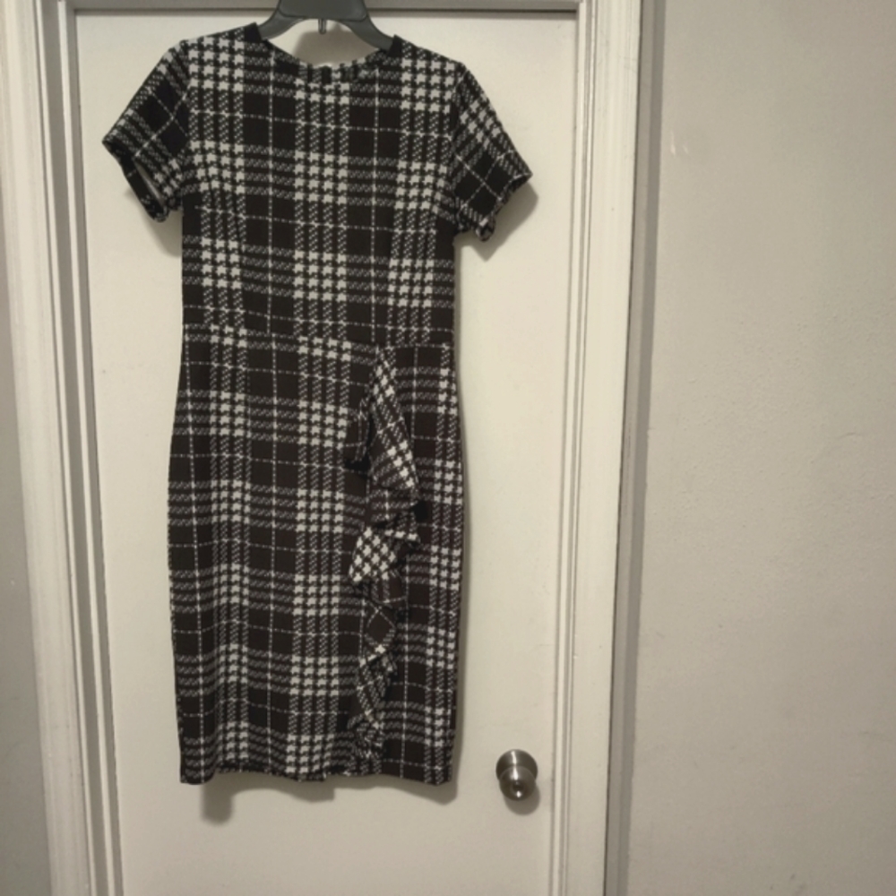 Black & White Plaid Short Sleeve Midi Pencil Skirt Dress